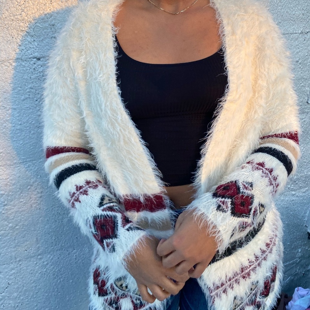 Design Lab Lord & Taylor fluffy white cardigan.